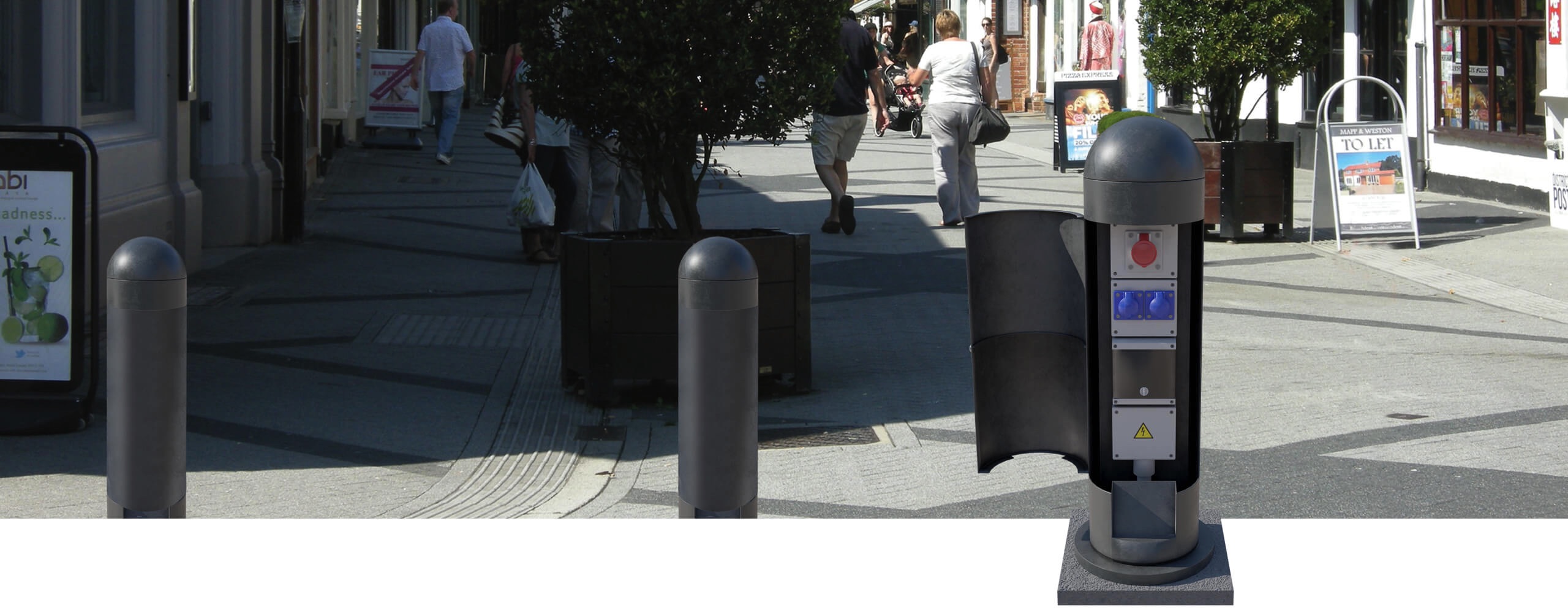 Pop Up Power Supplies Power Bollard in high street location with doors open and closed.